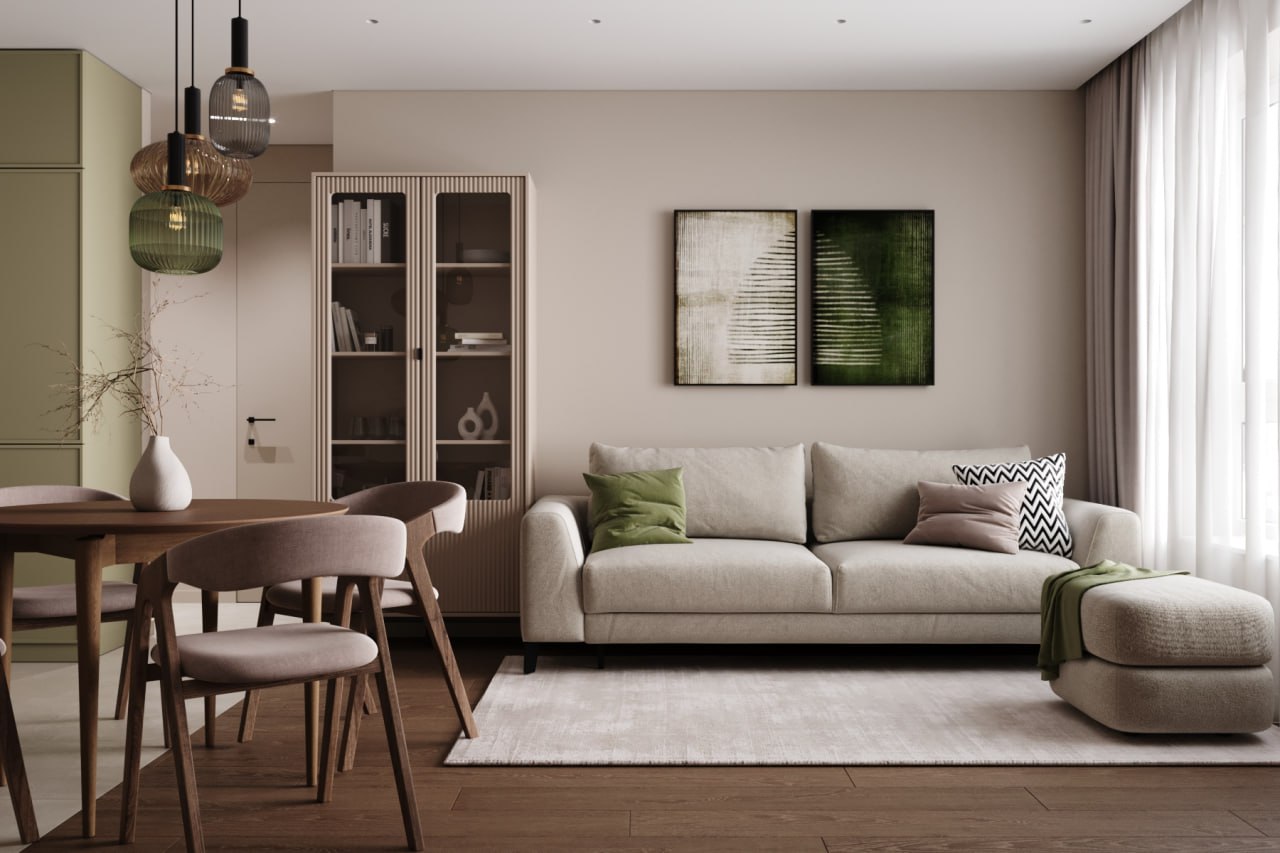 Зона отдыха с мягкой мебелью и природной палитрой