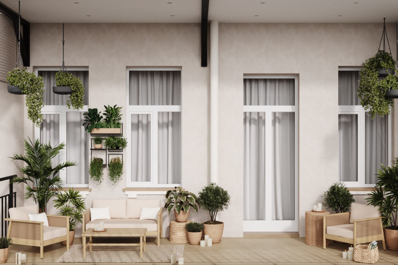 Светлый вид на террасу с мягкими природными акцентами